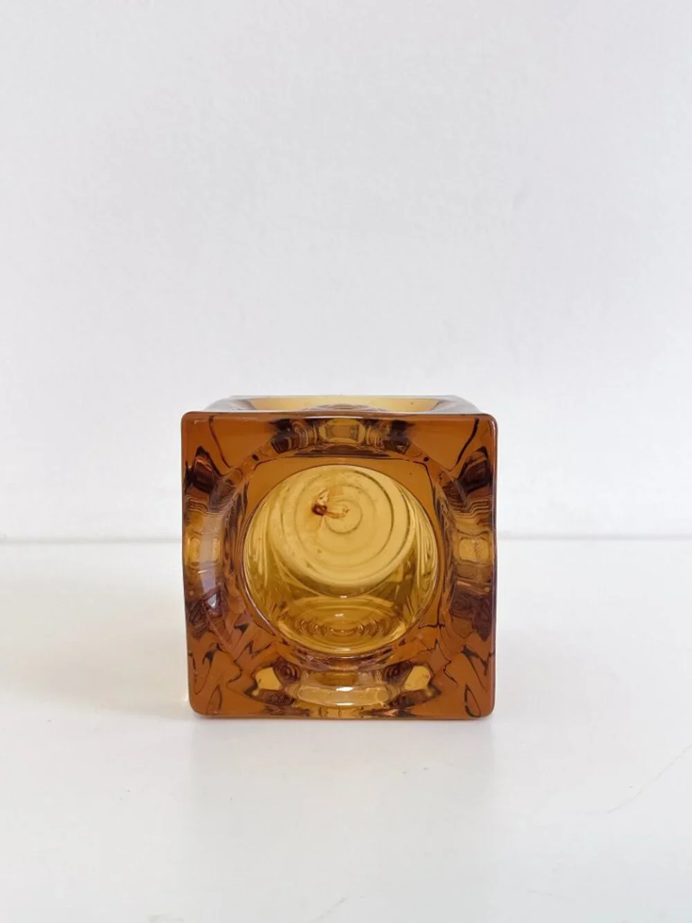 VIKING AMBER GLASS BULLSEYE GLIMMER CUBE CANDLE HOLDER PAPERWEIGHT VINTAGE MCM